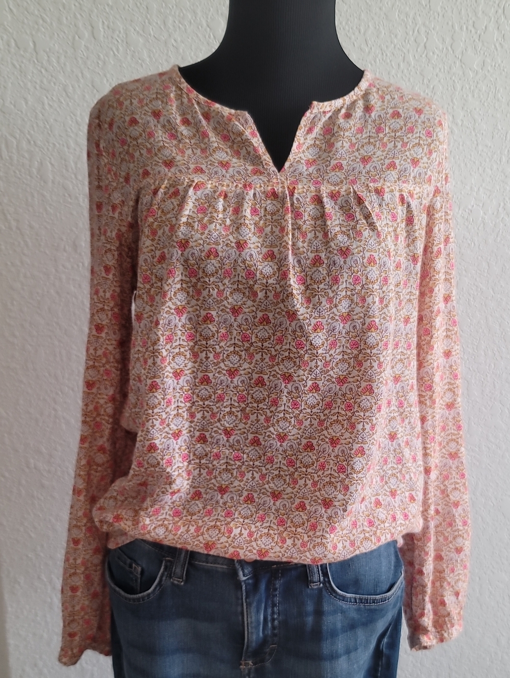 GAP Floral Long-Sleeve Peasant Blouse – Pink/Cream